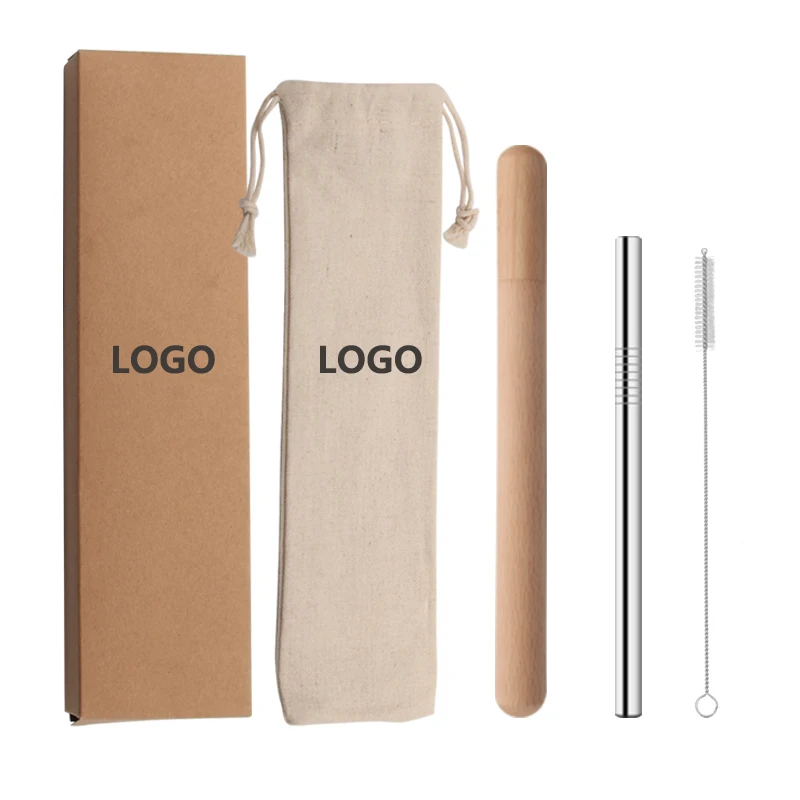 Customize logo Kraft paper case box stainless steel  reusable drinking straw with wooden case