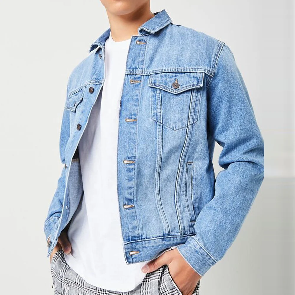 Men custom design private label streetwear blank cotton jean plain spring autumn washed blue jacket denim jacket for men