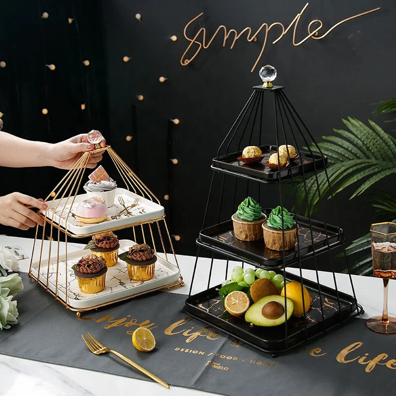 Modern simple multi-layer fruit plate marble pattern ceramic square plate display stand