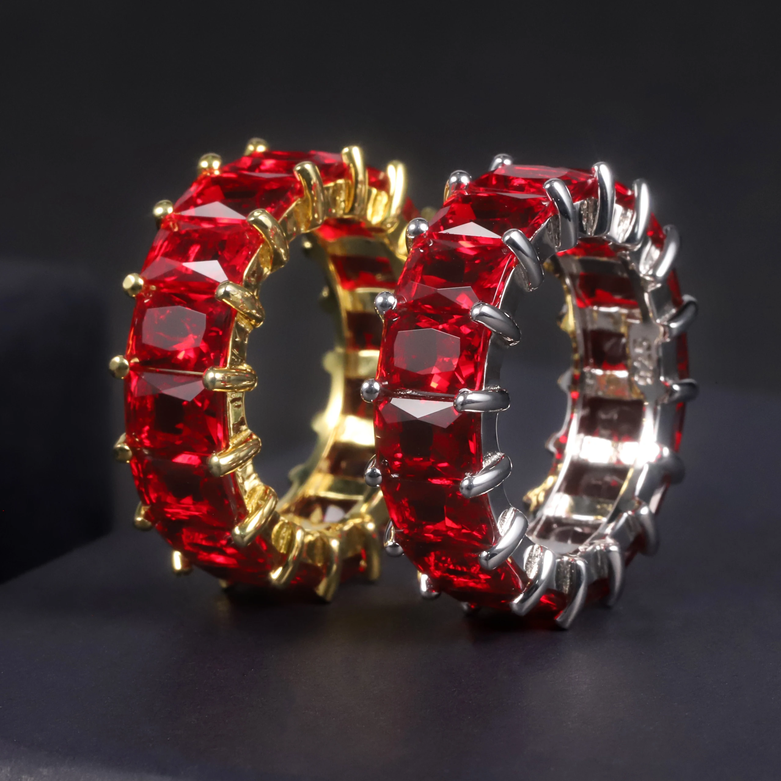 C7532 Fine Jewelry Factory Wholesale Hip Hop 925 Sterling Silver Baguette Cut Lab Ruby Gemstone Full Eternity Band