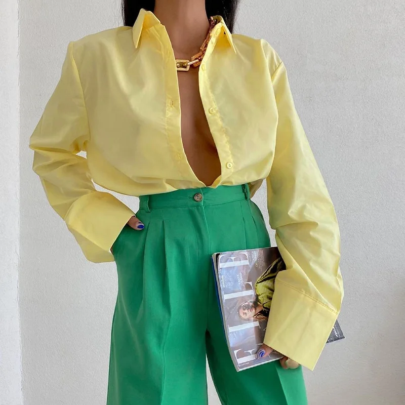 YJ21050DG Fashion Solid White Yellow Cotton Casual Shirts For Women Blouses Plus Size Long Sleeve Oversize Shirts Female Customs