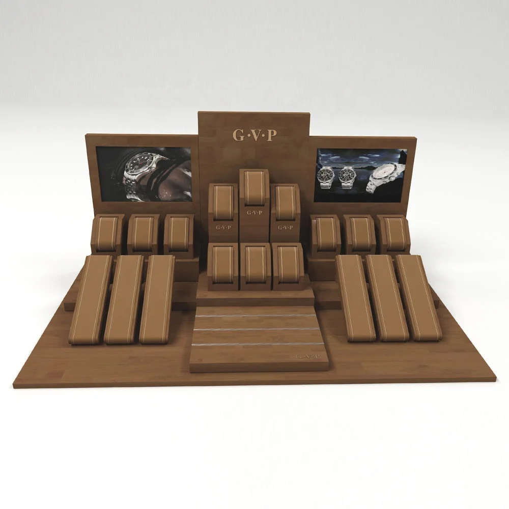 Custom Unique Watch Stand Display Elegant  Watch Organizer Acrylic C- ring Wood Tray set Exhibitor For Cabinets Window