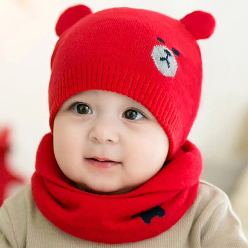 Fashion Cute Winter Baby Scarf and Baby Caps set Winter warm Knitted Hat for baby boys and girls