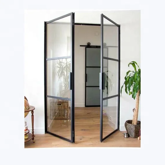 Most Popular Customized Interior Matte Black Steel Frame Tempered Glass Door for Office Building