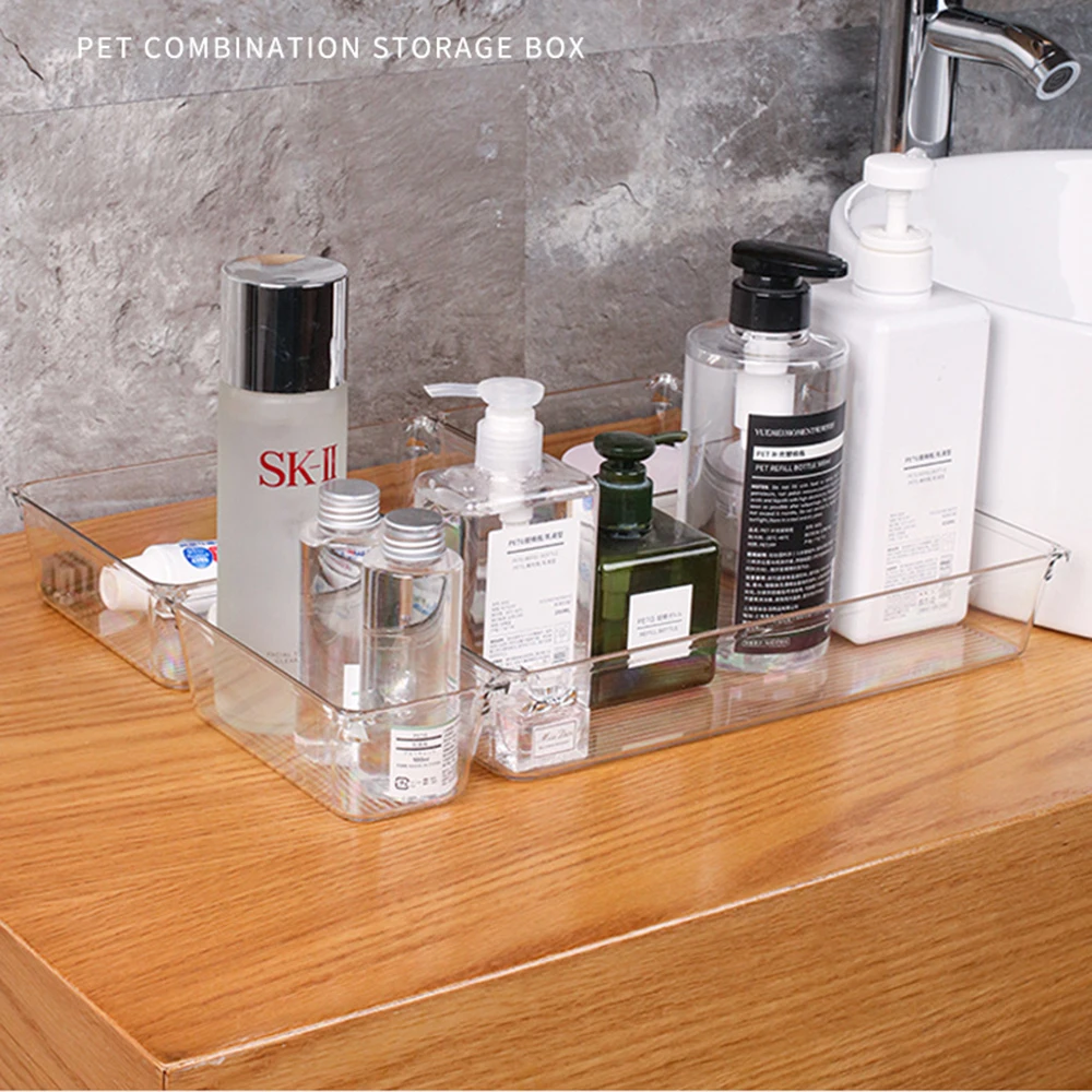 Customize Layout Desk Drawer Organizer Set 5-Size Desk Drawer Storage Bins Clear Plastic Multi-function Drawer Organizer Trays