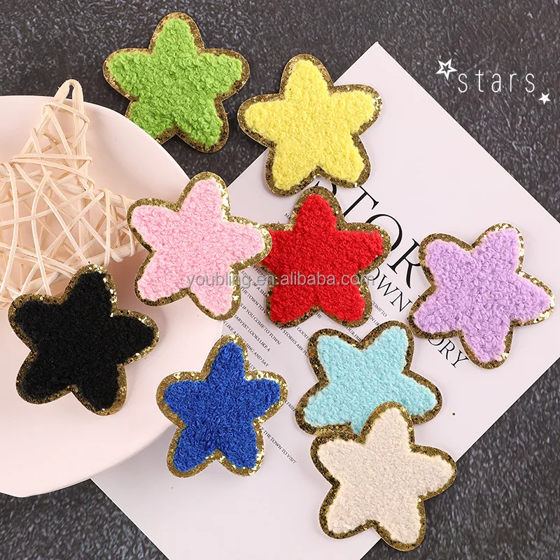 Mix 9 Color Wholesale  6CM Star Cloth Stickers Decorative Glitter Five Star Chenille Iron on Patches for Clothing Usa
