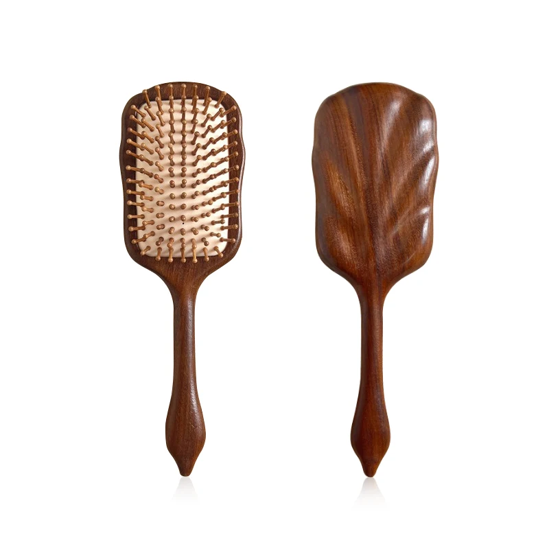 Sandalwood Paddle Hair Brush for Scalp Massage, Air Cushion Comb for Normal Hair, Large Banana Fan Shape Hair Care Tool