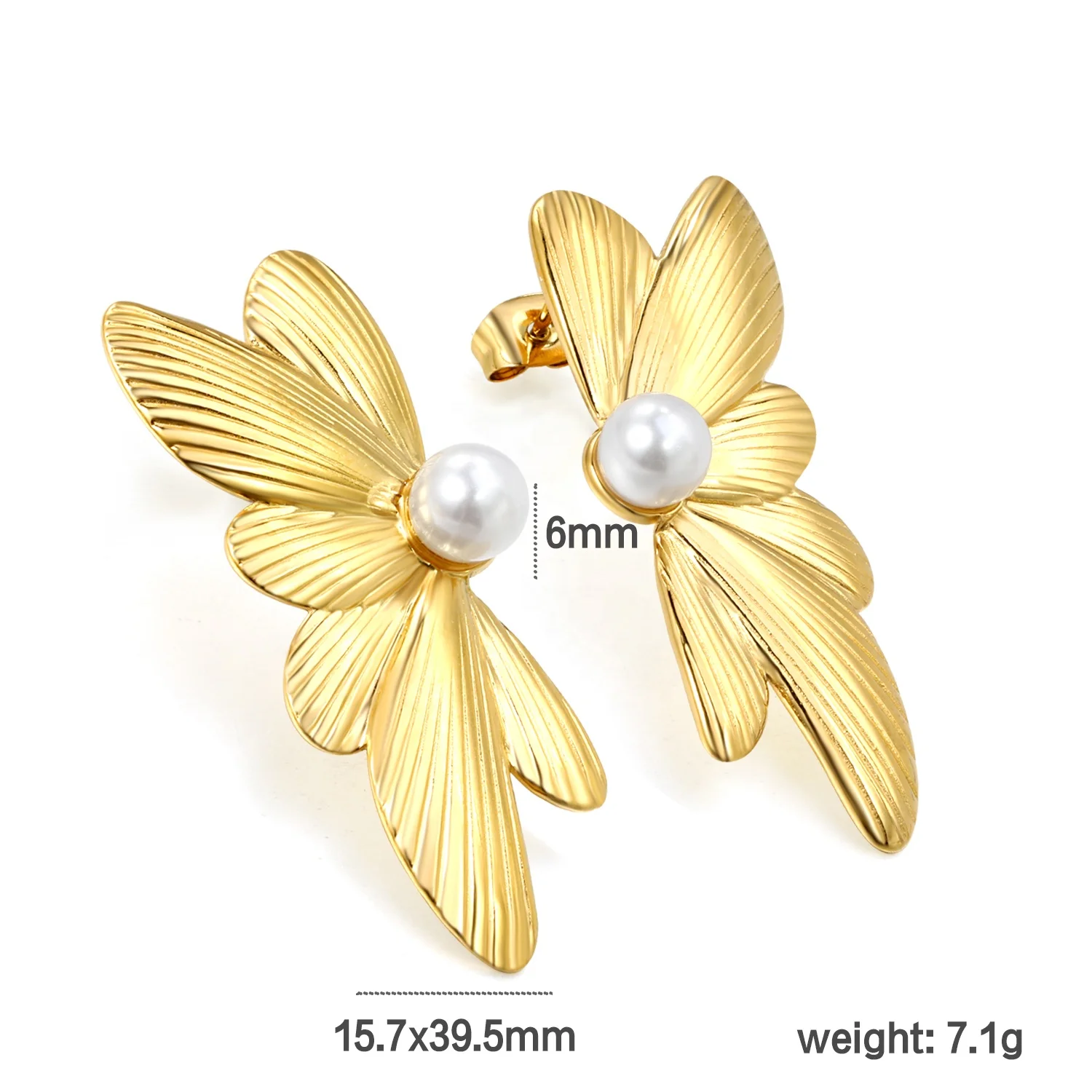 Trendy 18K Gold Plated Waterproof women Angel Wings Stud Earrings stainless steel jewelry Butterfly Pearl texture shell earrings