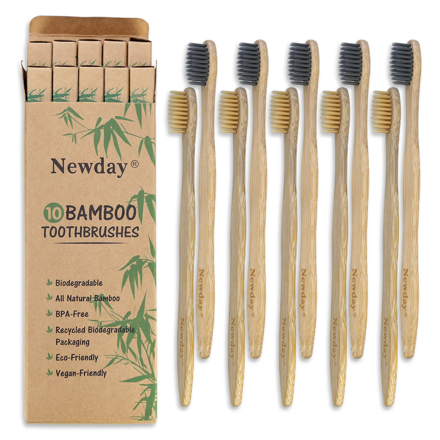 Natural Bamboo Biodegradable Adult Toothbrush Curve Flat Handle Vegan Product BPA Free Kraft box package pack of 10