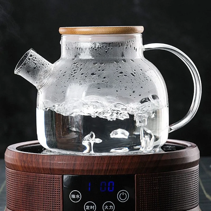 Large Capacity 1000ml  Handmade High Borosilicate Heat Resistant Clear Glass Teapot With Bamboo Lid With Glass Handle