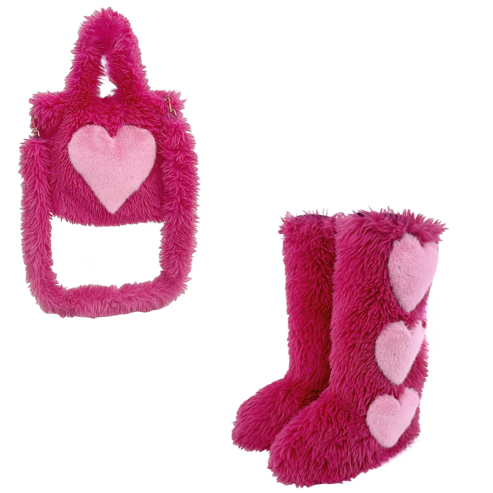 BUSY GIRL HS4767 fur bags and boots set flats fluffy knee high boots women winter pink faux fur boots ladies shoe and bag set