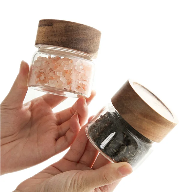 Factory Acacia Screw Seal Spice Container Cover Storage Glass Jar Wooden Lid