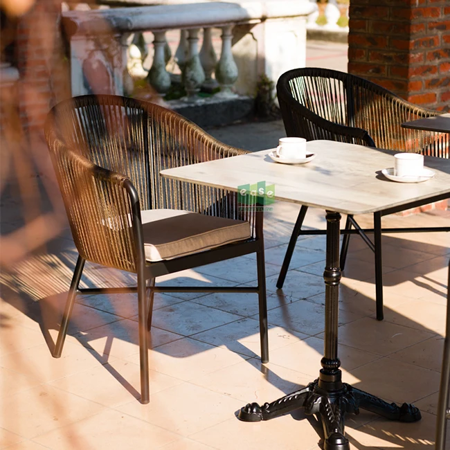 (E7027) Aluminium stacking outdoor garden wicker rattan back dining room chair with cushion