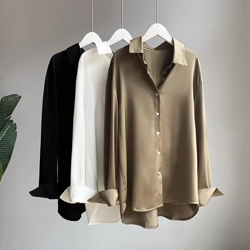 S-3XL Satin pendent shirt female spring and autumn temperament loose retro Hong Kong fashion 2023 new long-sleeved blouse