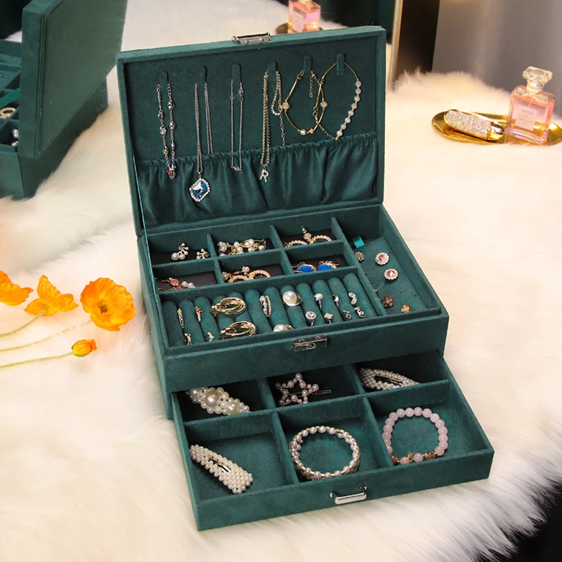 
wholesale Sell well Tray Showcase Ring Luxury Display With lock jewelry Storage Organizer velvet jewelry Box 