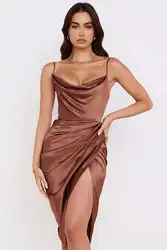 Ladies sexy satin pile neck pleated halter strap evening dress