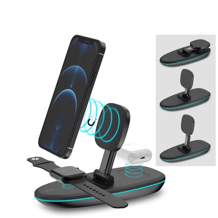 2021 Trending Products Portable QI 15W Charging Foldable Magnetic 3 in 1 Wireless Fast Charger With LED Light