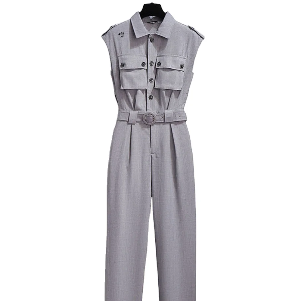 Customs Logo Polyester Ladies Jumpsuit Adjustable Waist Light Weight Knitted Jumpsuit Sleeveless Overall With Pocket