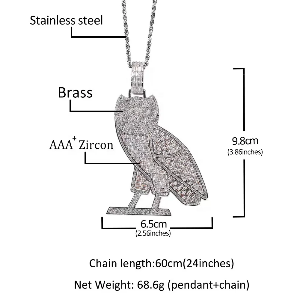 PDANY Custom Made Ovo Drake Charm Jewelry Copper With 5a Baguette Cz Stones Owl Hiphop Pendant