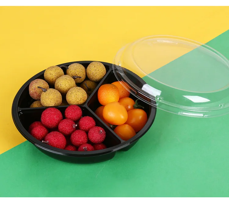 Disposable Clear Plastic PET Food Tray with 4 Compartments and Embossed Square Blister Lid for Cake Storage Fruit Box Packaging