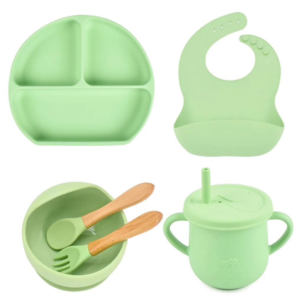 New Feeding Supplies 6PCS Stock Baby Silicone Feeding Set Baby Suction Plate, Bowl, Bib, Sippy Cup Set