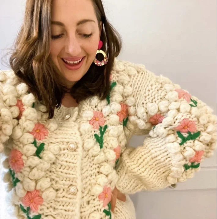 Wholesale Custom Plus Size High Quality Hand Knitting Embroidered Buttoned Crochet Woven Women Cardigan Fuzzy Thick Sweater