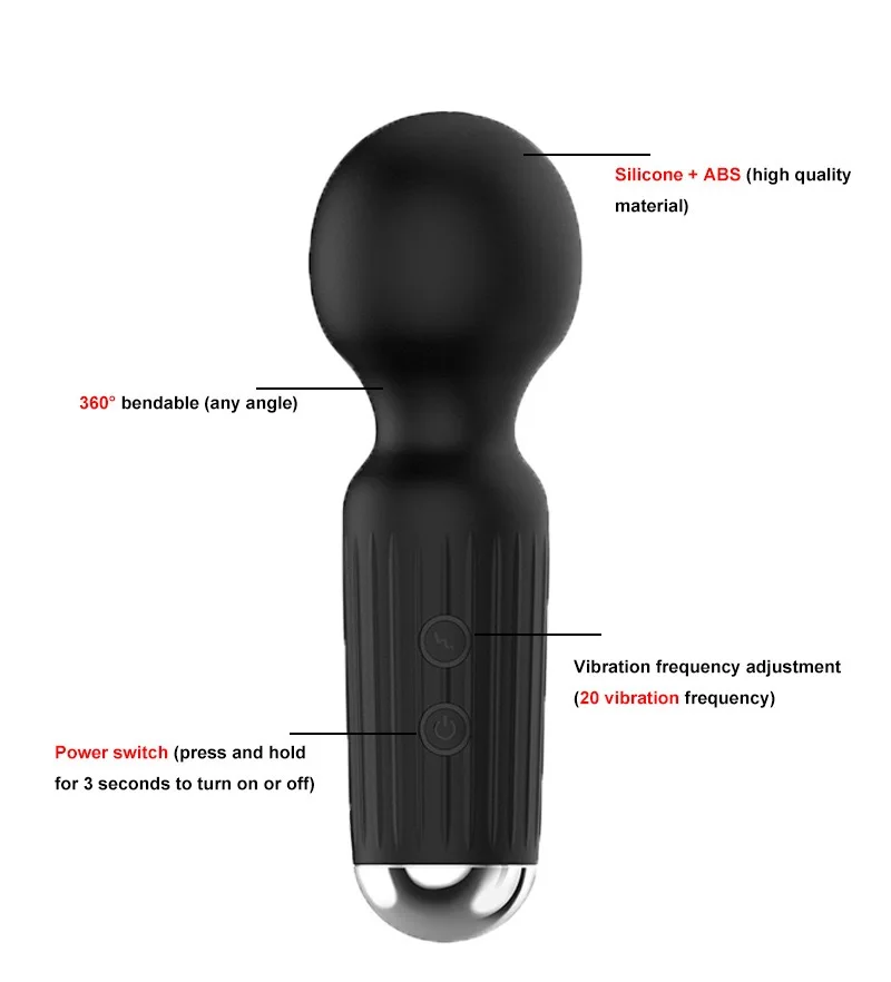 Mini USB waterproof 360 degree bendable 20 frequency vibration cordless vibration AV stick vibrator sex toys for women