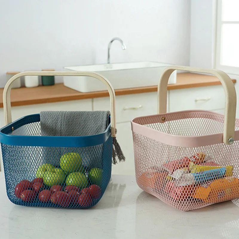 Multi-Functional Metal Wire Hanging Kitchen Fruit Basket with Bamboo Handle for Kitchen storage