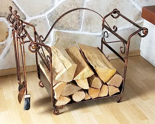 Firewood Storage Hut Firewood Stand Indoor and Outdoor Metal with 4 Fireplace Tools for Oven Steel Adjustable Black