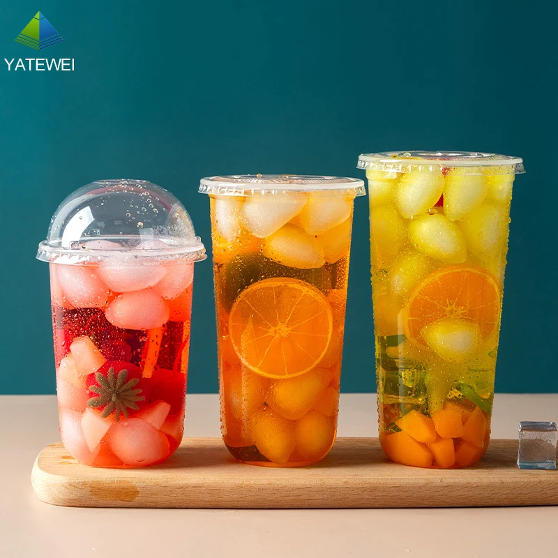Custom LOGO Printed Clear Disposable Plastic U Shape PET Juice Boba Milk Bubble Tea Cup With lids