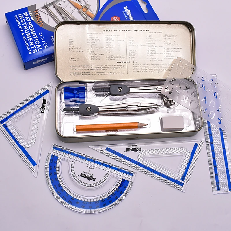 free sample good perfect quality stationary mathematical set  tin box school supplies geometry tools