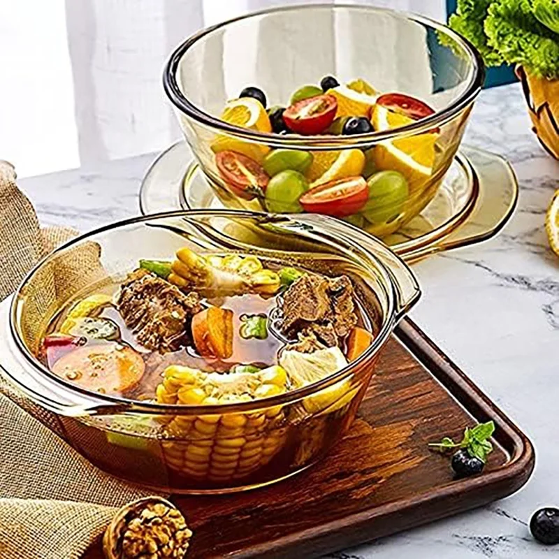Earth-friendly High borosilicate amber glass round casserole with glass lid with handle baking casserole pot
