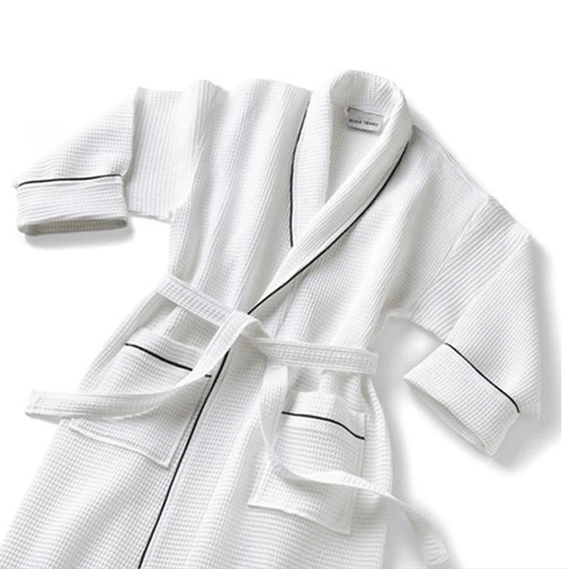 Hotel Customized Logo Luxury Piped Trim Spa Bath Robe 100% Cotton Waffle Bathrobe
