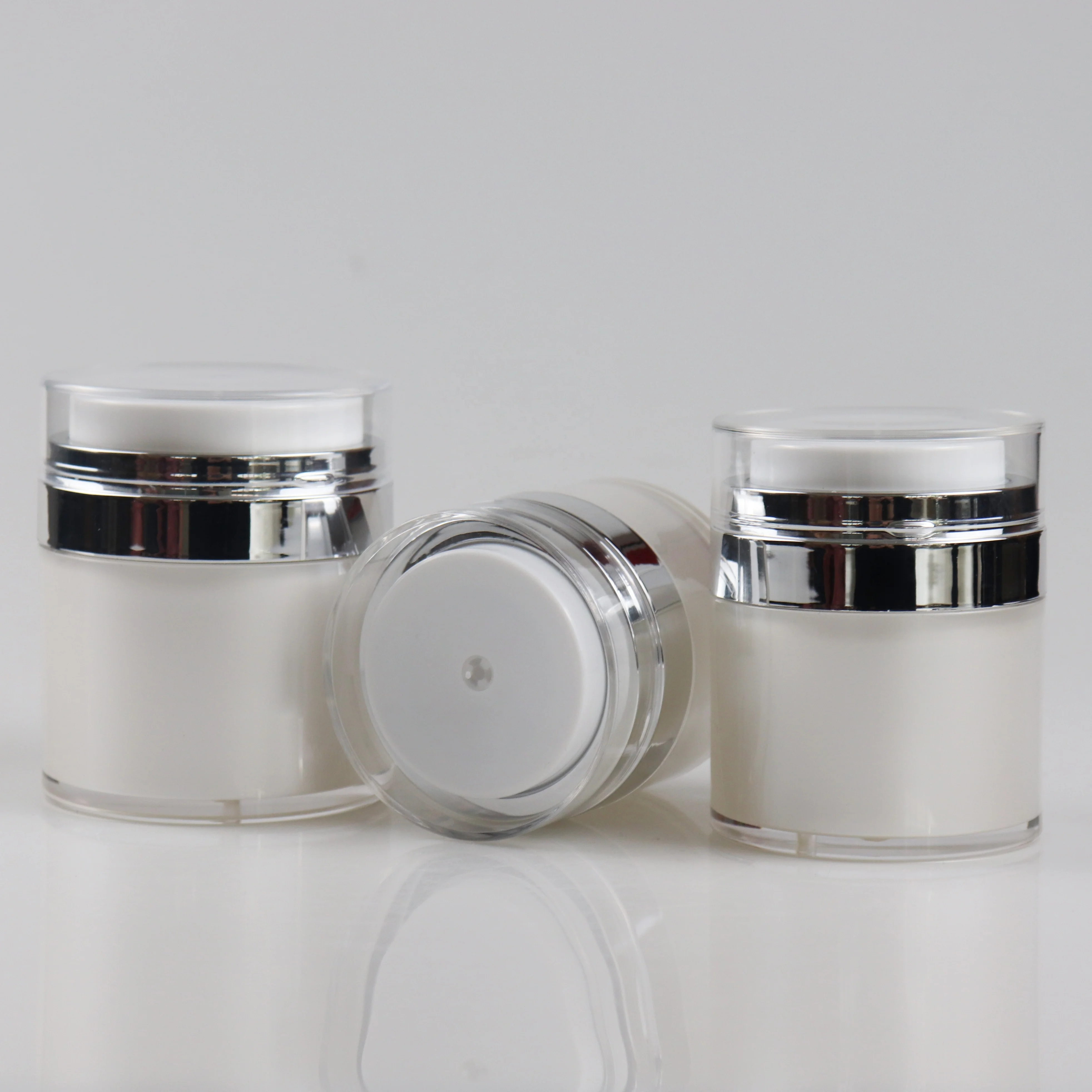 custom 15g 30g 50g popular pearl white and shiny silver refillable airless pump jar