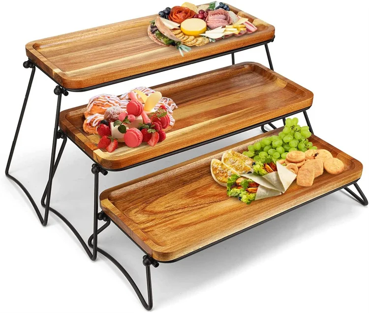 acacia wood foldable 3 tier serving tray for party