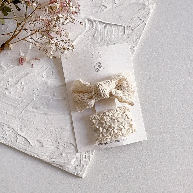 New design retro lace baby girl hair accessoires 3pcs set bowknot BB hair clips