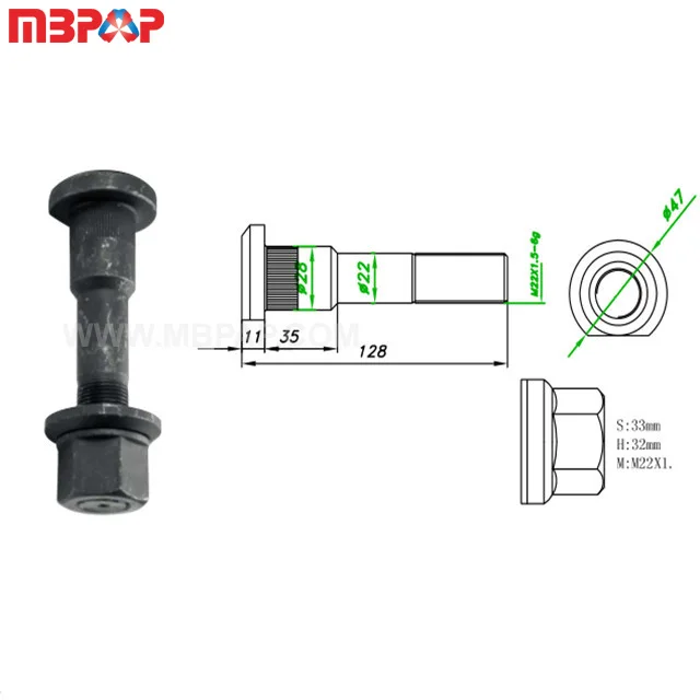 Болт и крышки колеса M22 * 1,5*98 10,9/12,9 черный анодированный для daf sinotruck actros
