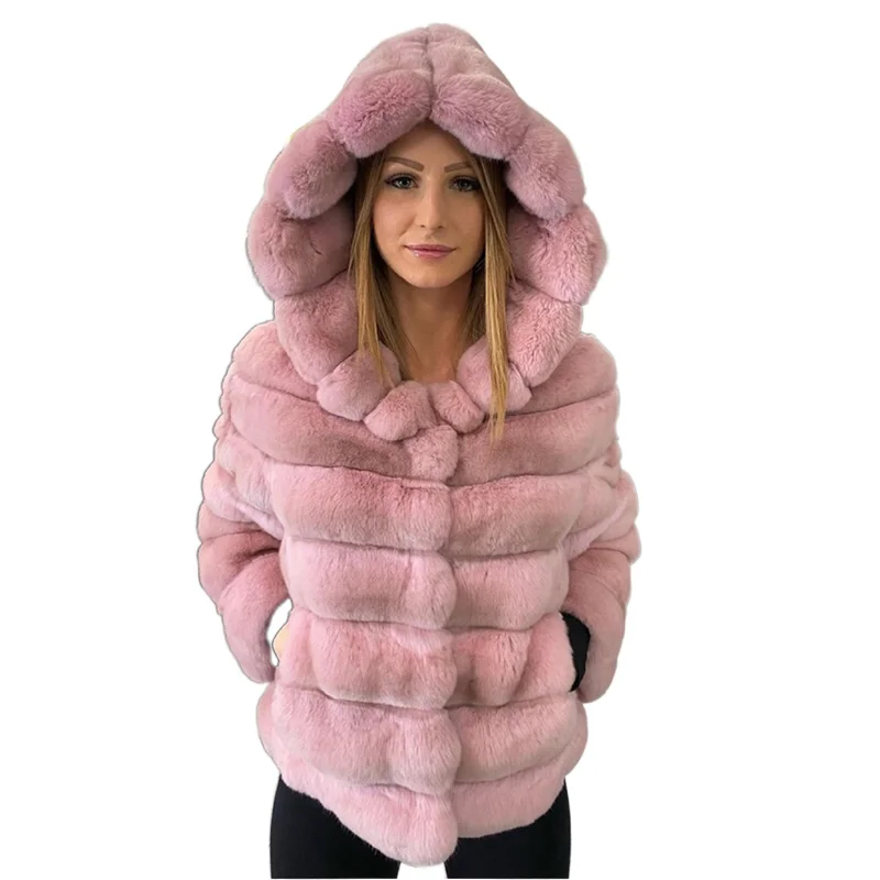Winter New Arrival Luxury Over Size Fur Coat Fur Jacket Women Chinchilla Rex Rabbit Fur Coats With Hood