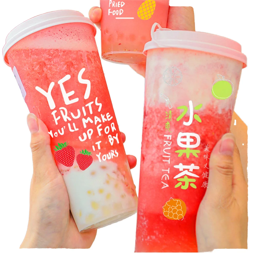 Custom Logo 360ml 500ml 700ml 1000ml Disposable Thick Smoothie PP Clear Frost Plastic Bubble Boba Milk Tea Cup with Lid
