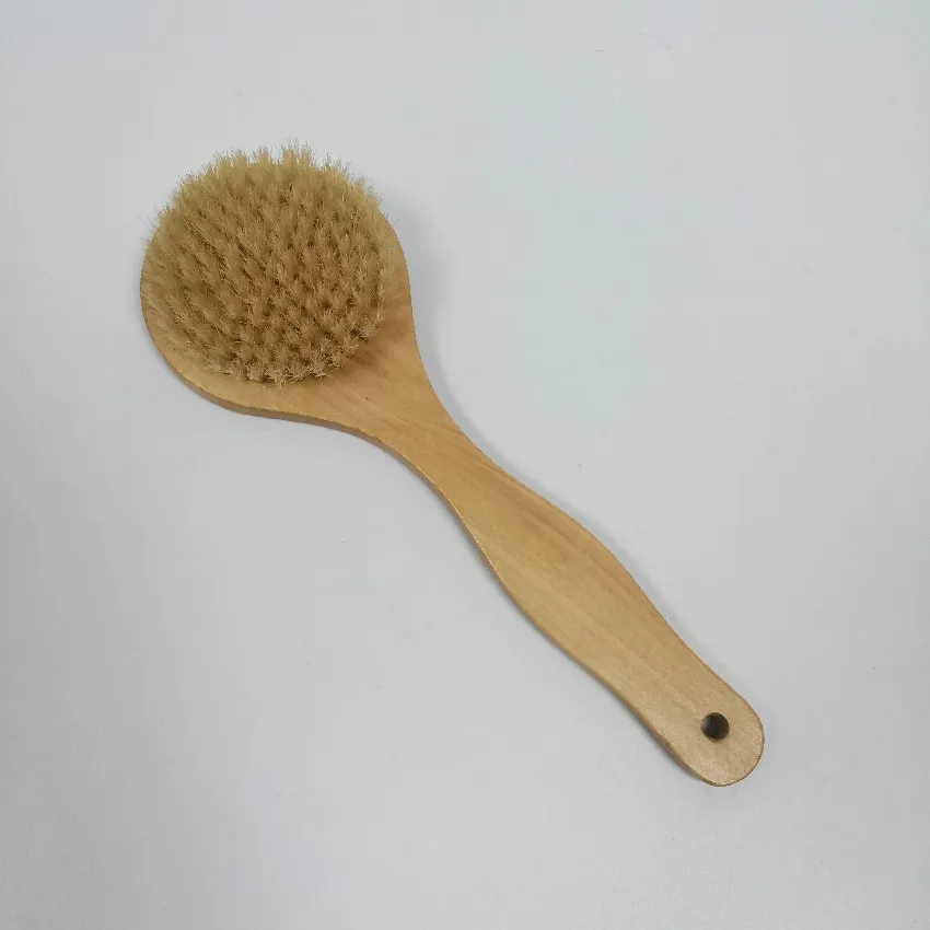Natural wood pig bristle round head shower body bath brush with middle handle (1600197899251)