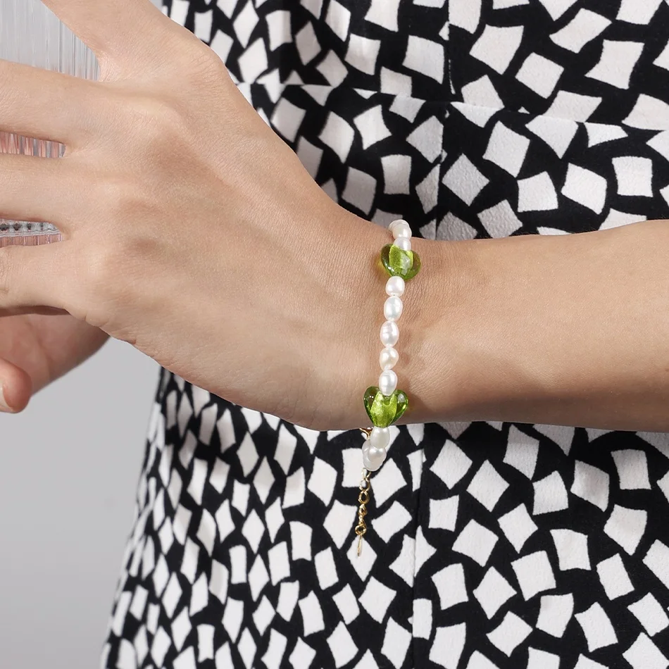 nagosa new arrival 925 sterling silver jewelry women 18k gold vermeil freshwater pearl & green heart beads bracelet necklace