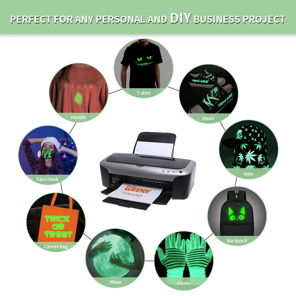 Wholesale A4 8.5 x 11 Inches glow in the dark heat transer paper 100 sheets luminous transfer for Dark and Light/White Fabrics