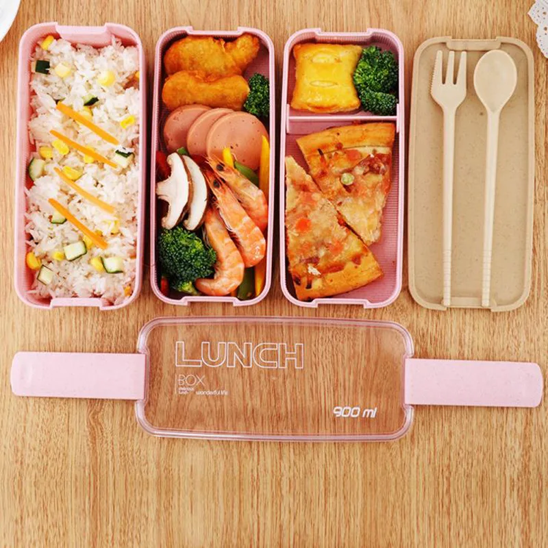 Portable 3 Layer Rectangle Food Container Reusable Custom Logo Eco-Friendly Wheat Straw Lunch Box Modern Kids Tiffin Bento
