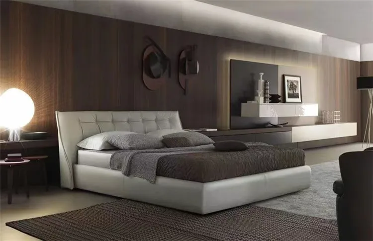 SUNSGOODS modern luxury bedroom furniture upholstered real leather italian bed with extended headboard king size leather bed