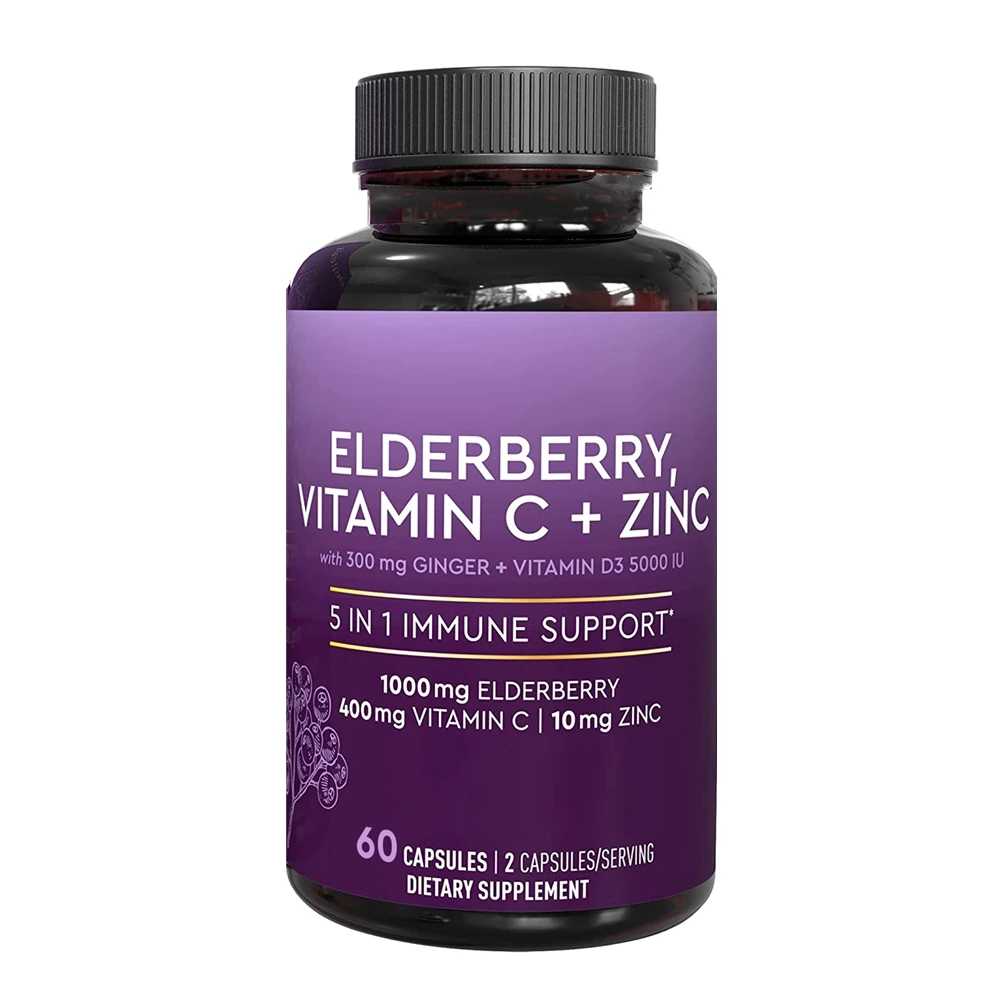 Private label Elderberry with Zinc and Vitamin C Capsules 5 in 1 Blend Supplement For Daily Antioxidant,Immune support