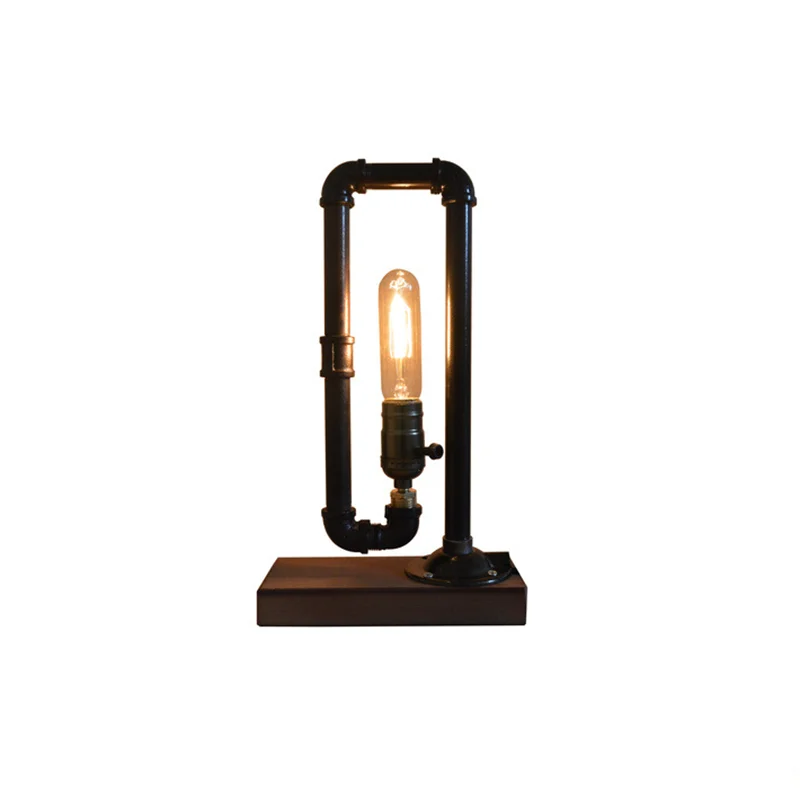 Modern Industrial Style Desk Lamp Wood Base with Iron Pipe and Glass Metal for Steampunk Wall Decor Home Interior Design