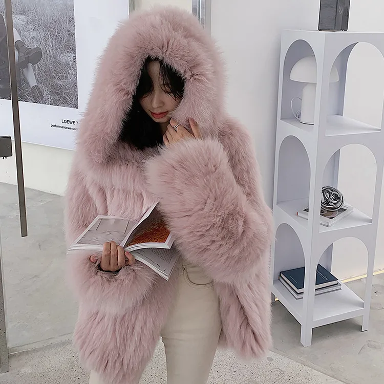 New Elegant fox fur coat Pink with hood coat winter real fox fur coat fluffy jackets women Factory wholesale custom spot