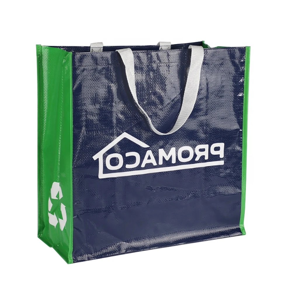 Recyclable Waterproof durable printing green double handles Takeaway Shopping Grocery polypropylene woven bags