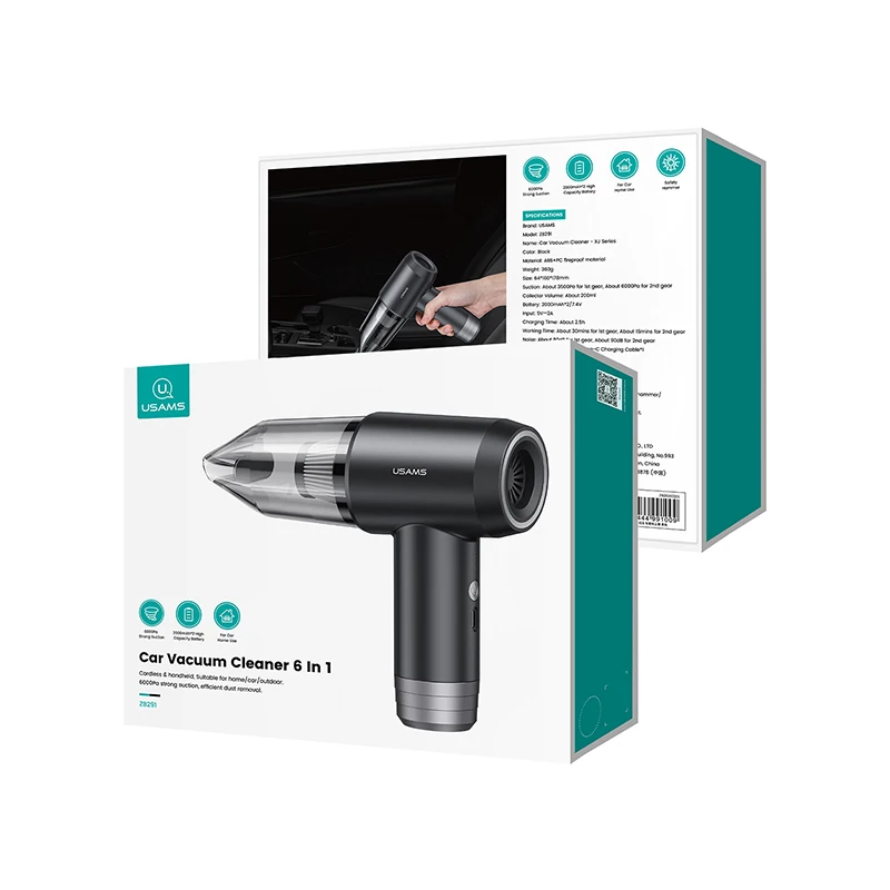 USAMS 2024 new Car Vacuum Cleaner Wireless Blowing Suction High Power Multifunction Portable Vacuum Cleaner with safety hammer