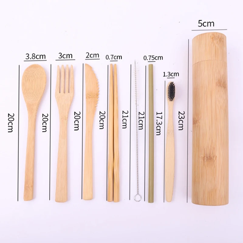 Экологически чистая многоразовая переносная посуда из натурального органического бамбука набор столовых приборов с сумкой